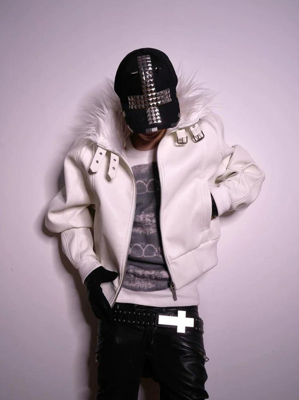 FAUX FUR COLLAR LEATHER JACKET