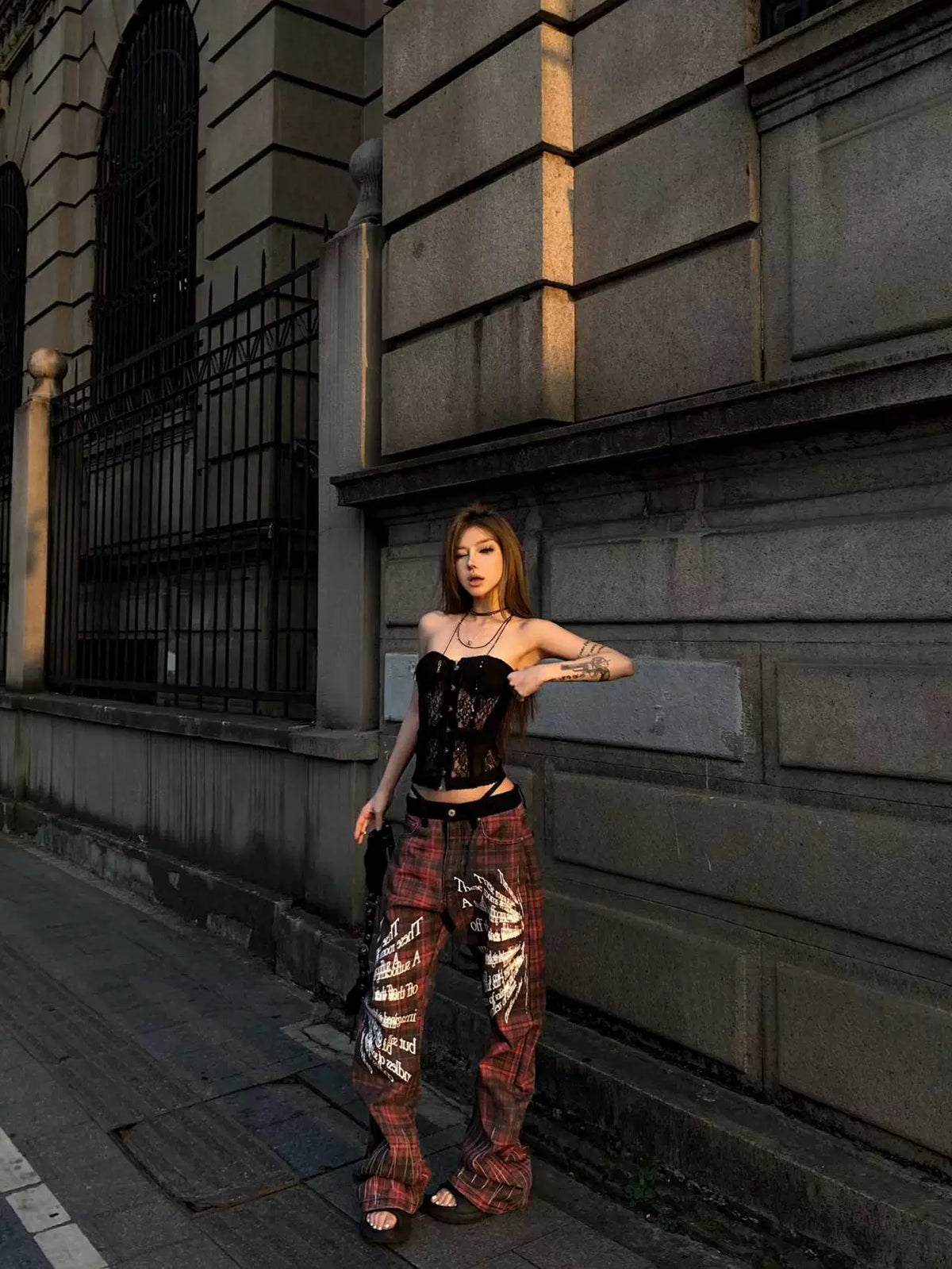CUSTOM RED PLAID PUNK JEANS