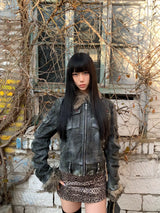 DISTRESSED RIVET FUR COLLAR JACKET