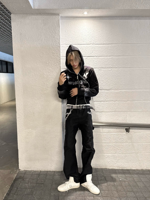 RHINESTONE ZIPPER HOODIE SWEATSHIRT