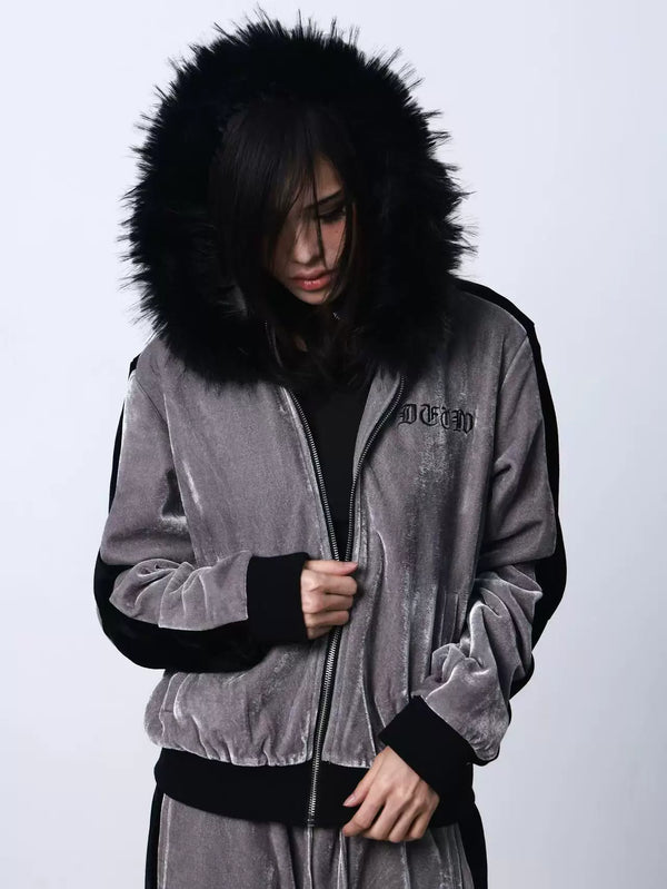 VINTAGE SILVER VELVET HOODIE JACKET