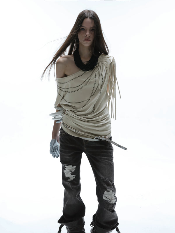 RHINESTONE DRAPED BAT SLEEVE T-SHIRT