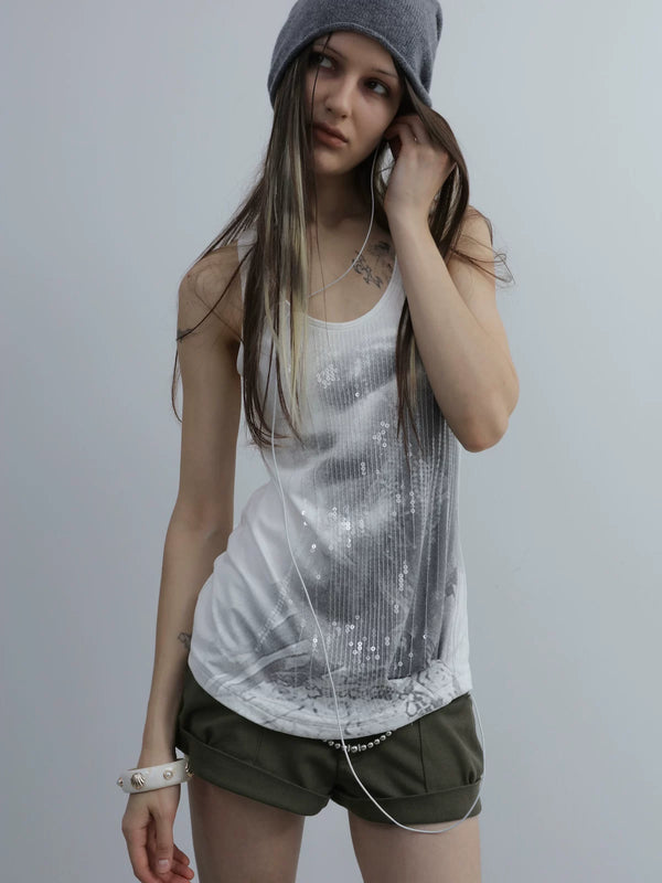 U NECK SEQUIN PRINT TANK TOP