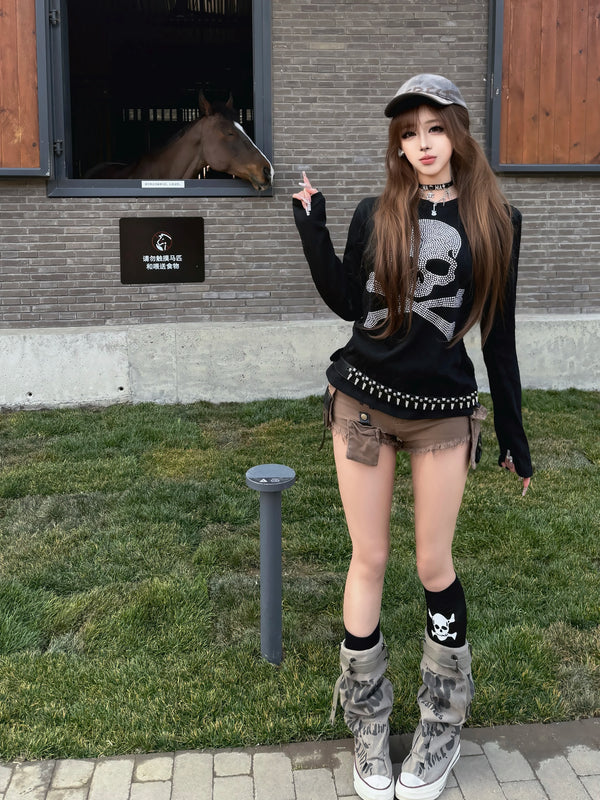 SKULL PATTERN LONG SLEEVE TEE