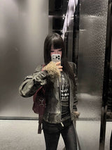 DISTRESSED RIVET FUR COLLAR JACKET