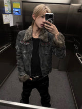 DISTRESSED RIVET FUR COLLAR JACKET