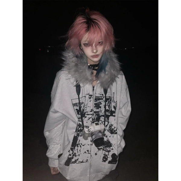 Y2K FUR COLLAR CARDIGAN