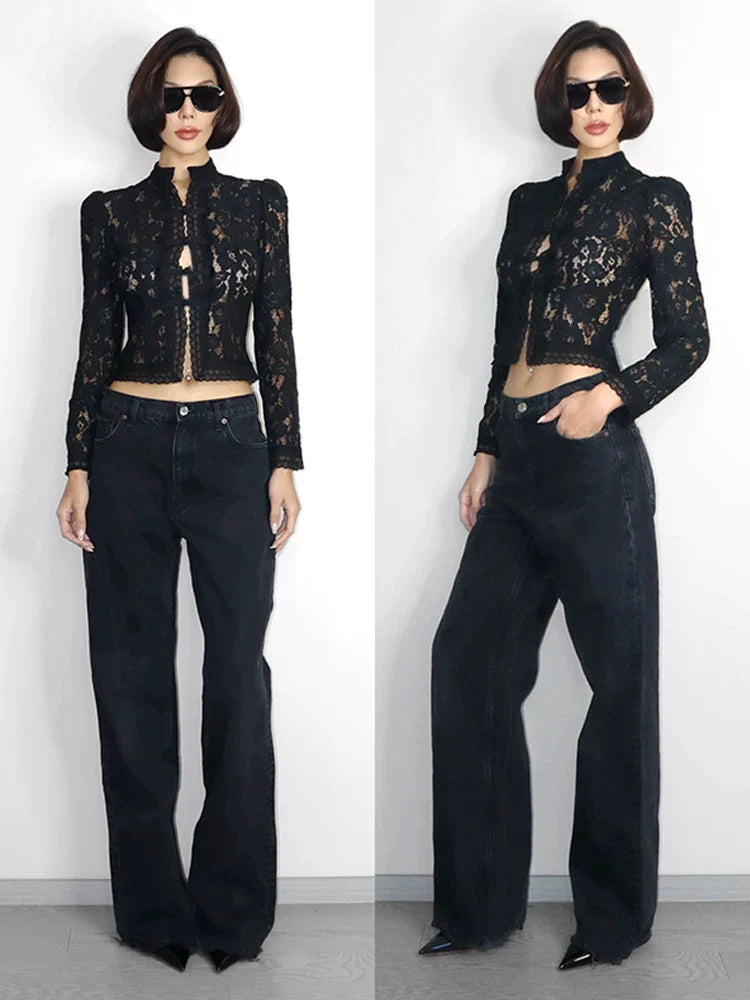 LACE CROCHET STAND-UP COLLAR TOP