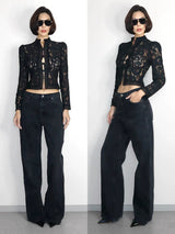 LACE CROCHET STAND-UP COLLAR TOP