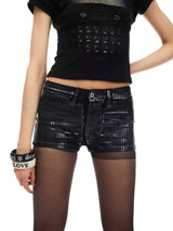 LOW-RISE SEQUIN DENIM SHORTS