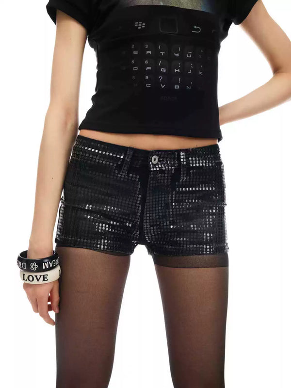 LOW-RISE SEQUIN DENIM SHORTS