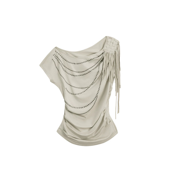 RHINESTONE DRAPED BAT SLEEVE T-SHIRT