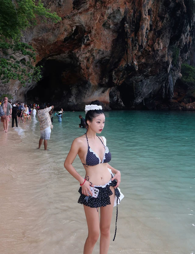 POLKA-DOT THREE-PIECE BIKINI SET