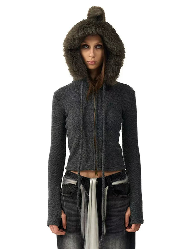 KNITTED JACKET WITH DETACHABLE FUR COLLAR