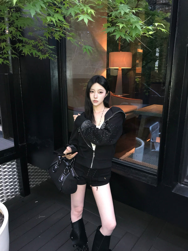 RHINESTONE ZIPPER HOODIE SWEATSHIRT