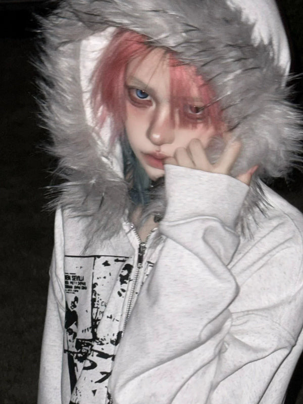 Y2K FUR COLLAR CARDIGAN