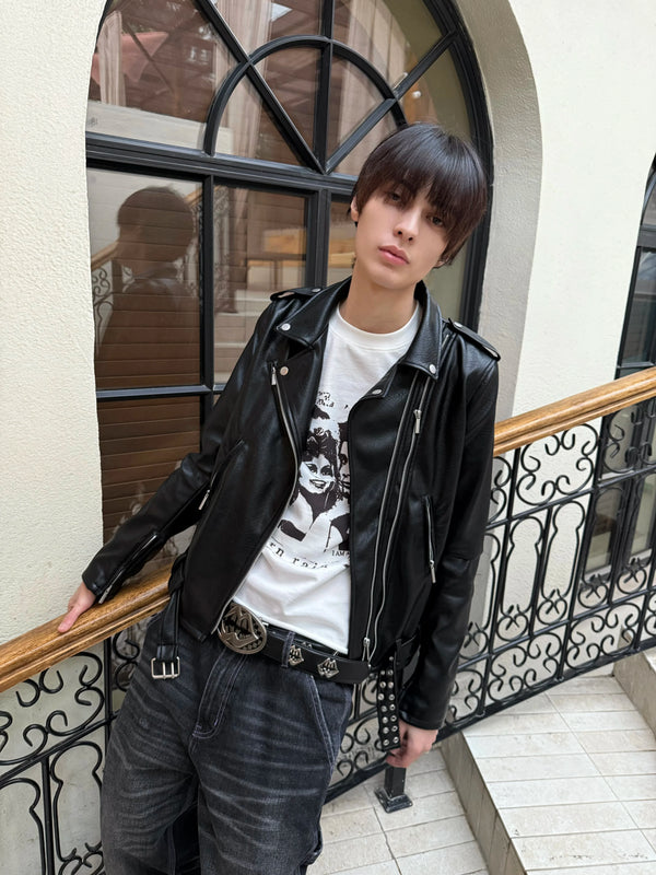 DOUBLE ZIPPER SLIM LEATHER JACKET