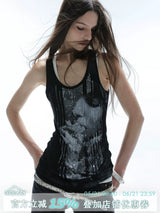 U NECK SEQUIN PRINT TANK TOP