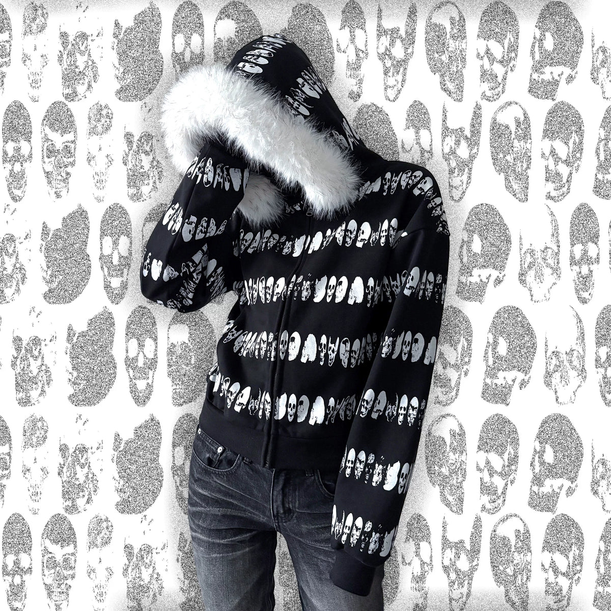 SKULL STRIPED ZIPPER SWEATSHIRT