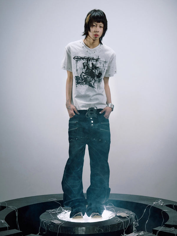 DISTRESSED V-NECK CASUAL T-SHIRT