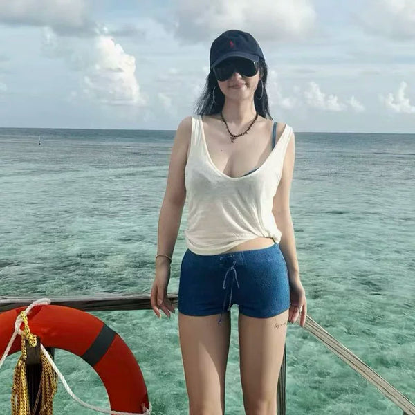 STRAPLESS DENIM TWO-PIECE SWIMSUIT