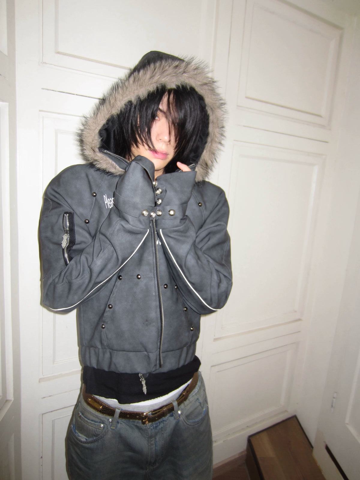 RIVET PRINT HOODED LEATHER JACKET