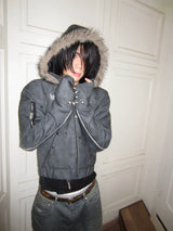 RIVET PRINT HOODED LEATHER JACKET