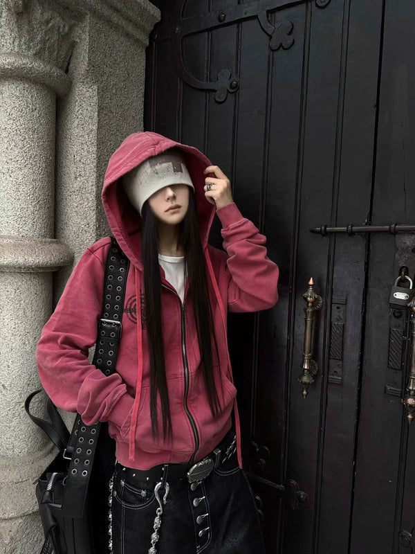PINK WASHED ZIPPER HOODIE