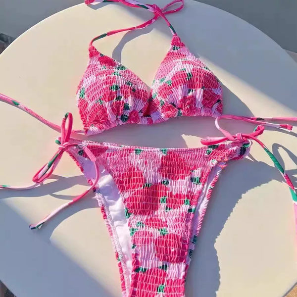 FLORAL PRINT PLEATED BIKINI SET