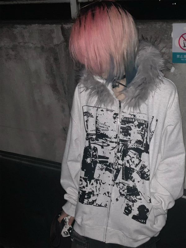 Y2K FUR COLLAR CARDIGAN