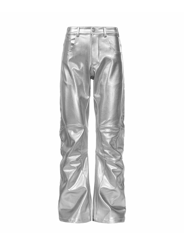 SILVER LIQUID LEATHER STRAIGHT LEG PANTS