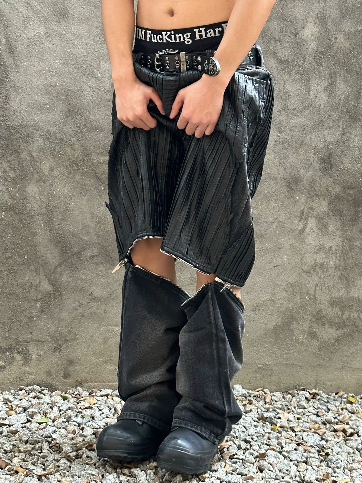 DENIM LEATHER PATCHWORK SHORTS