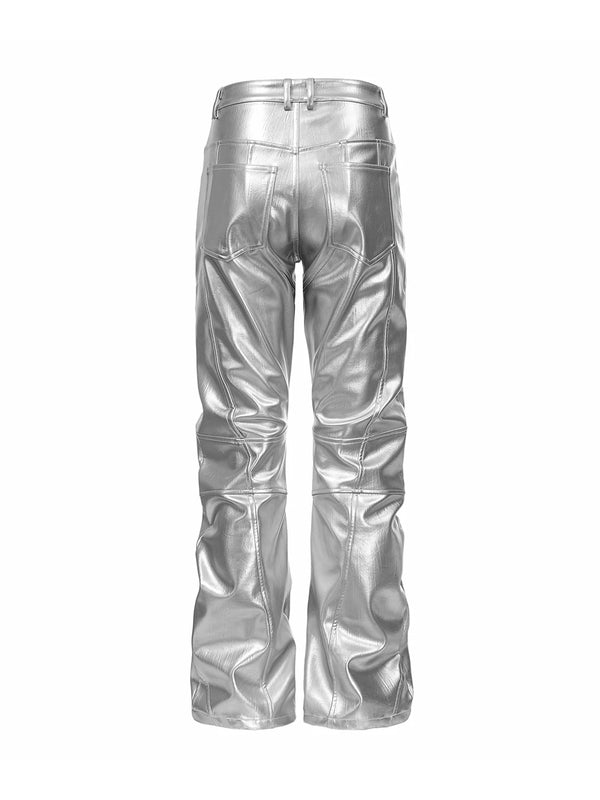 SILVER LIQUID LEATHER STRAIGHT LEG PANTS