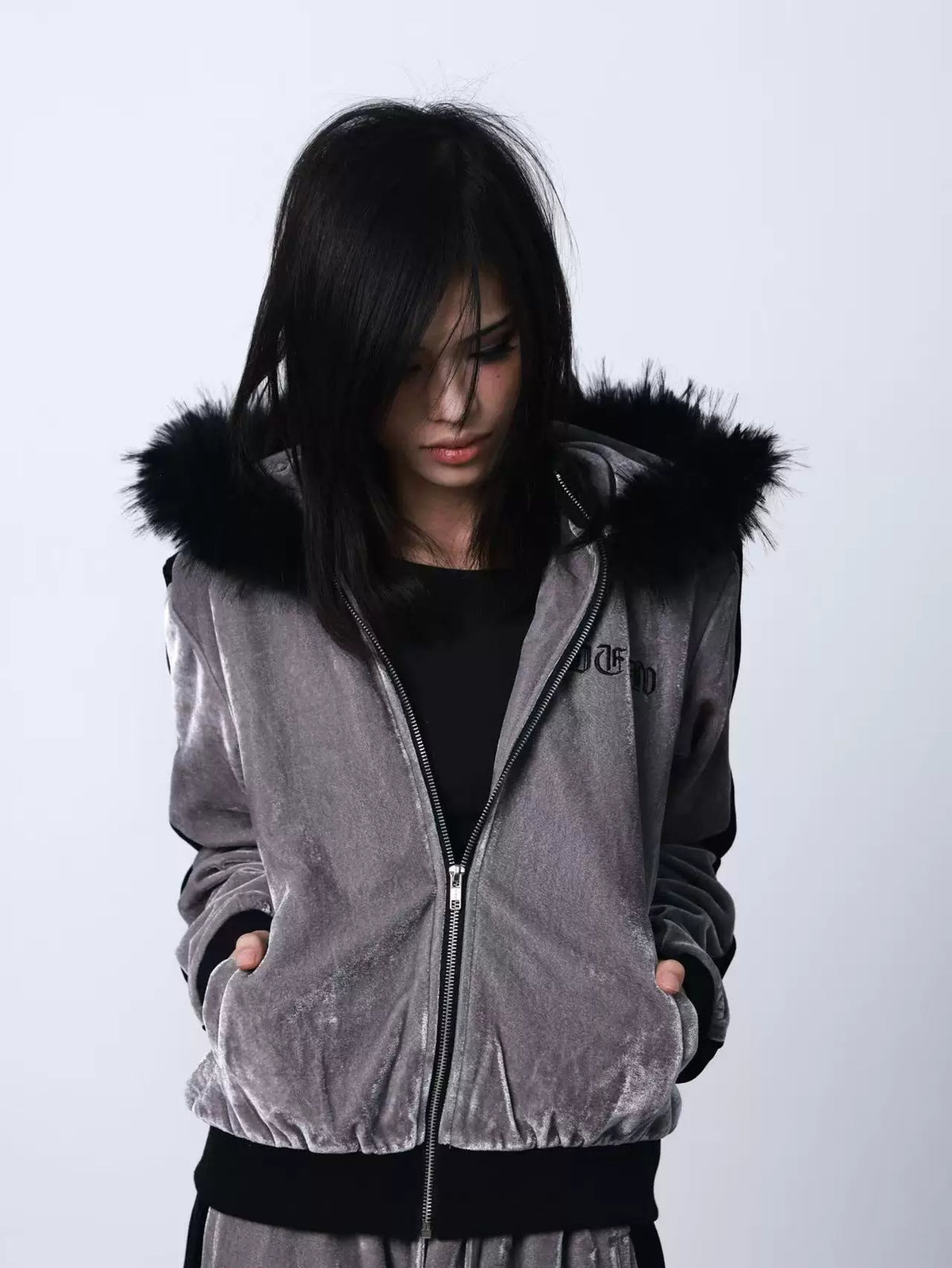 VINTAGE SILVER VELVET HOODIE JACKET