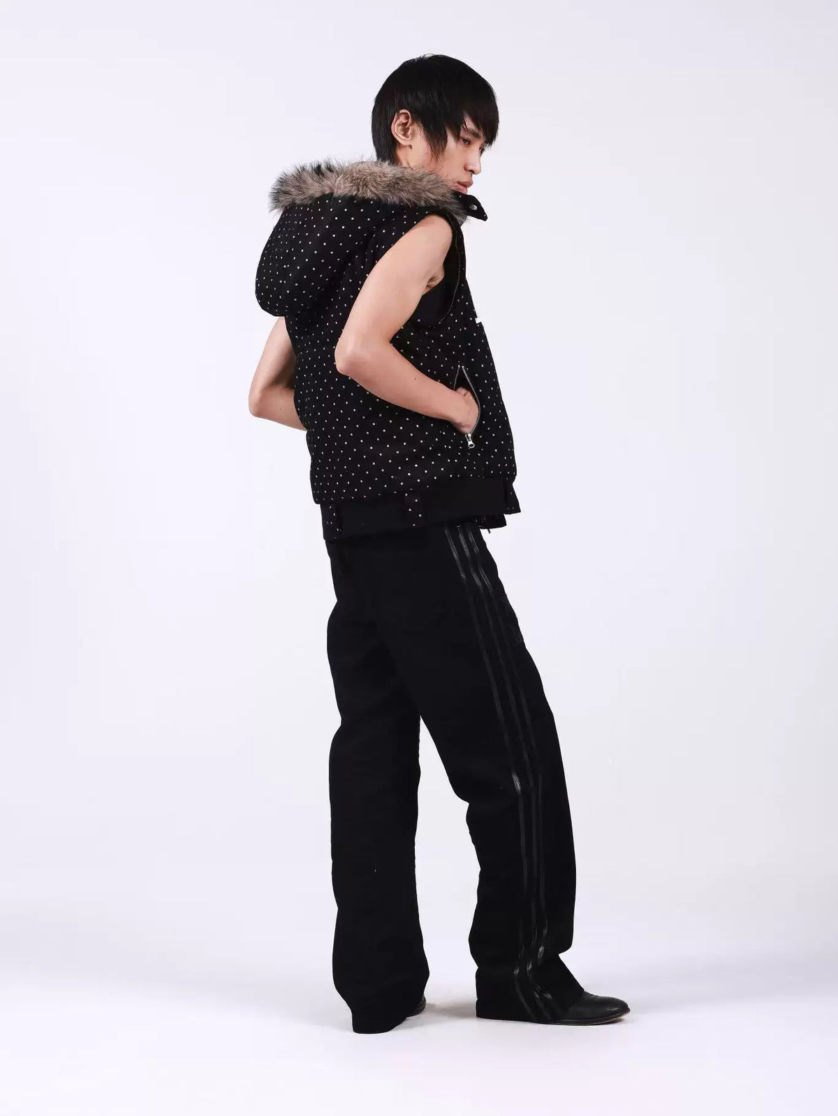 POLKA DOT HOODED JACKET WITH FUR COLLAR