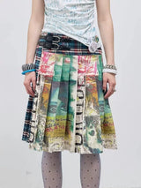 PLAID PLEATED LEATHER SKIRT