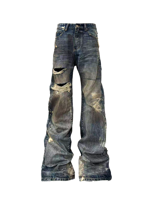 DISTRESSED DENIM JEANS WITH INK SPLATTER