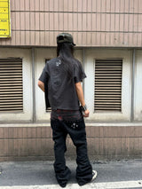 DESTROYED PLAID JEANS WITH RIVETS