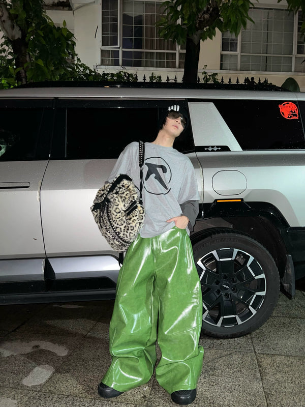 CRISPY GREEN LEATHER BAGGY PANTS