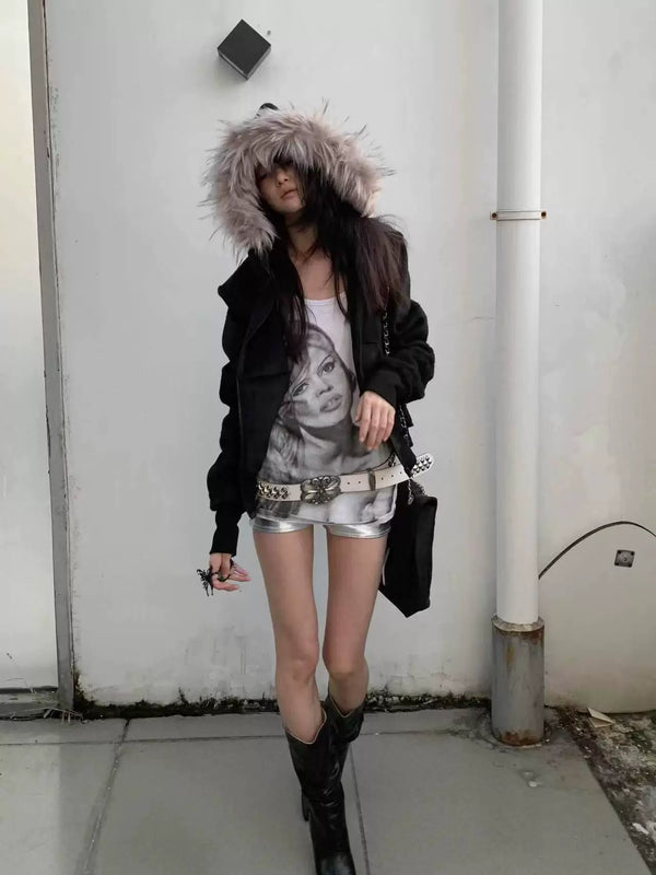 FUR HOODED SWEATSHIRT WITH TASSELS