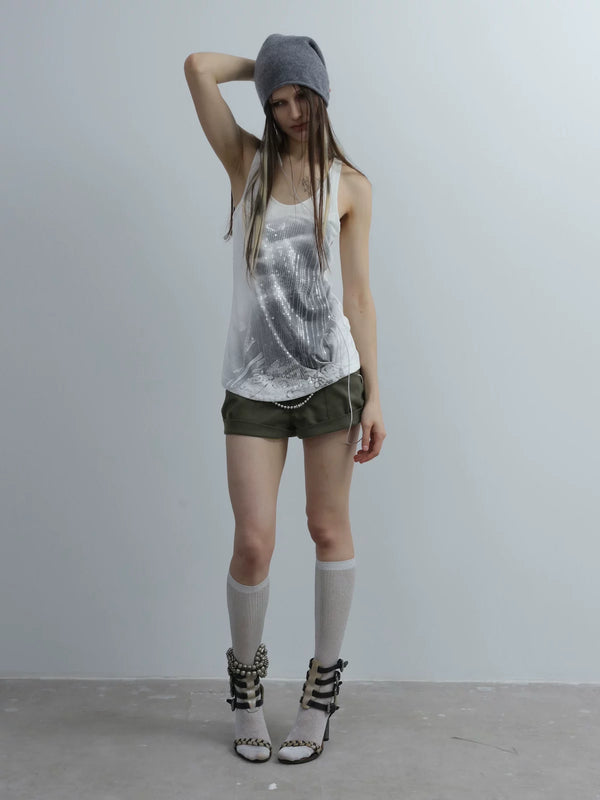 U NECK SEQUIN PRINT TANK TOP