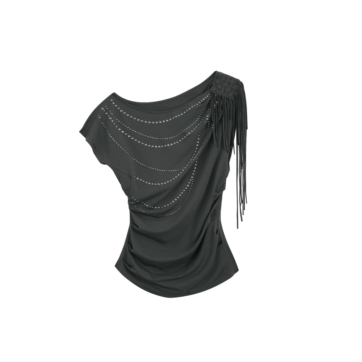 RHINESTONE DRAPED BAT SLEEVE T-SHIRT