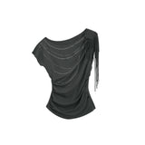 RHINESTONE DRAPED BAT SLEEVE T-SHIRT