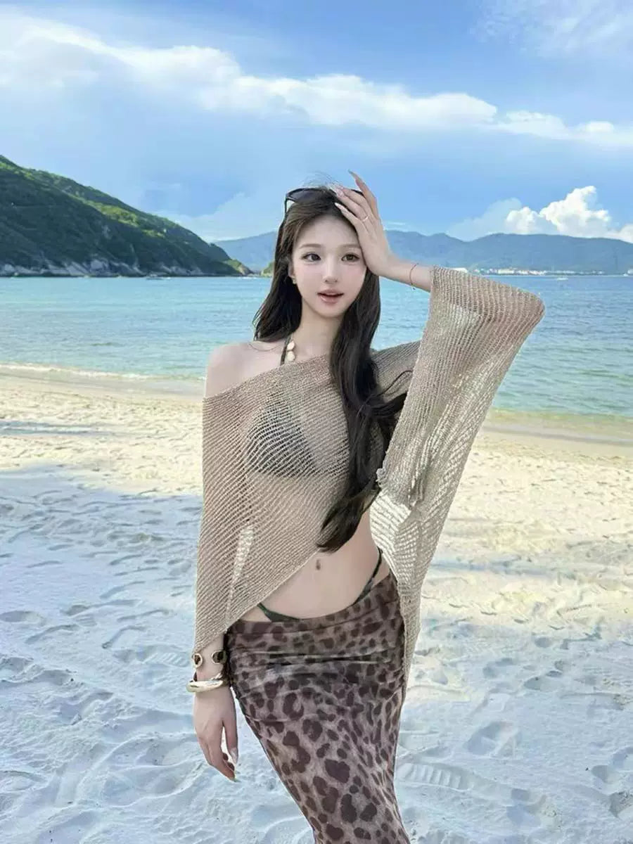 GOLD KNIT CARDIGAN AND LEOPARD BIKINI SET