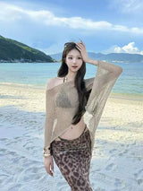GOLD KNIT CARDIGAN AND LEOPARD BIKINI SET