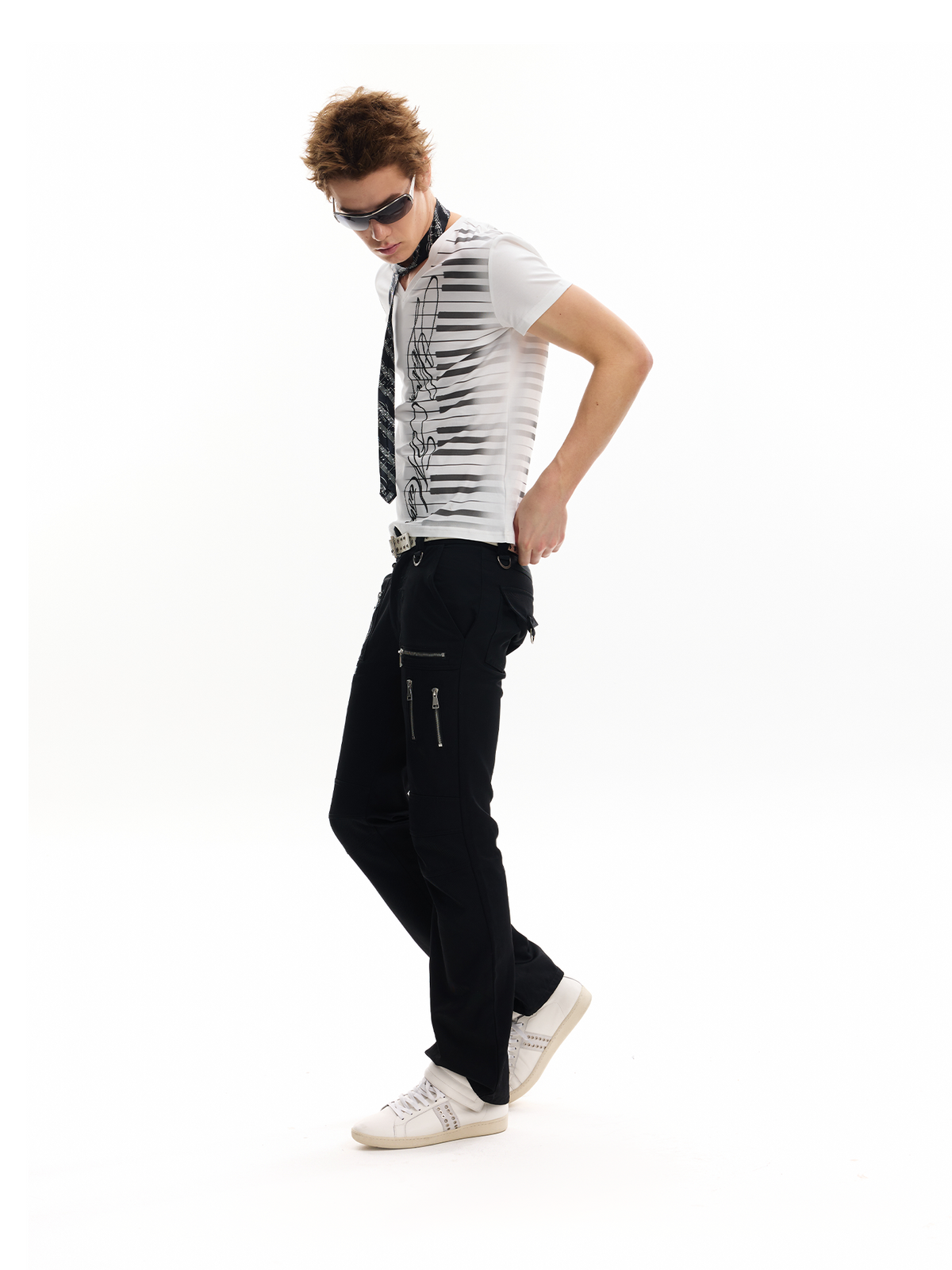 GLOSSY MULTI-ZIPPER SLIM TROUSERS