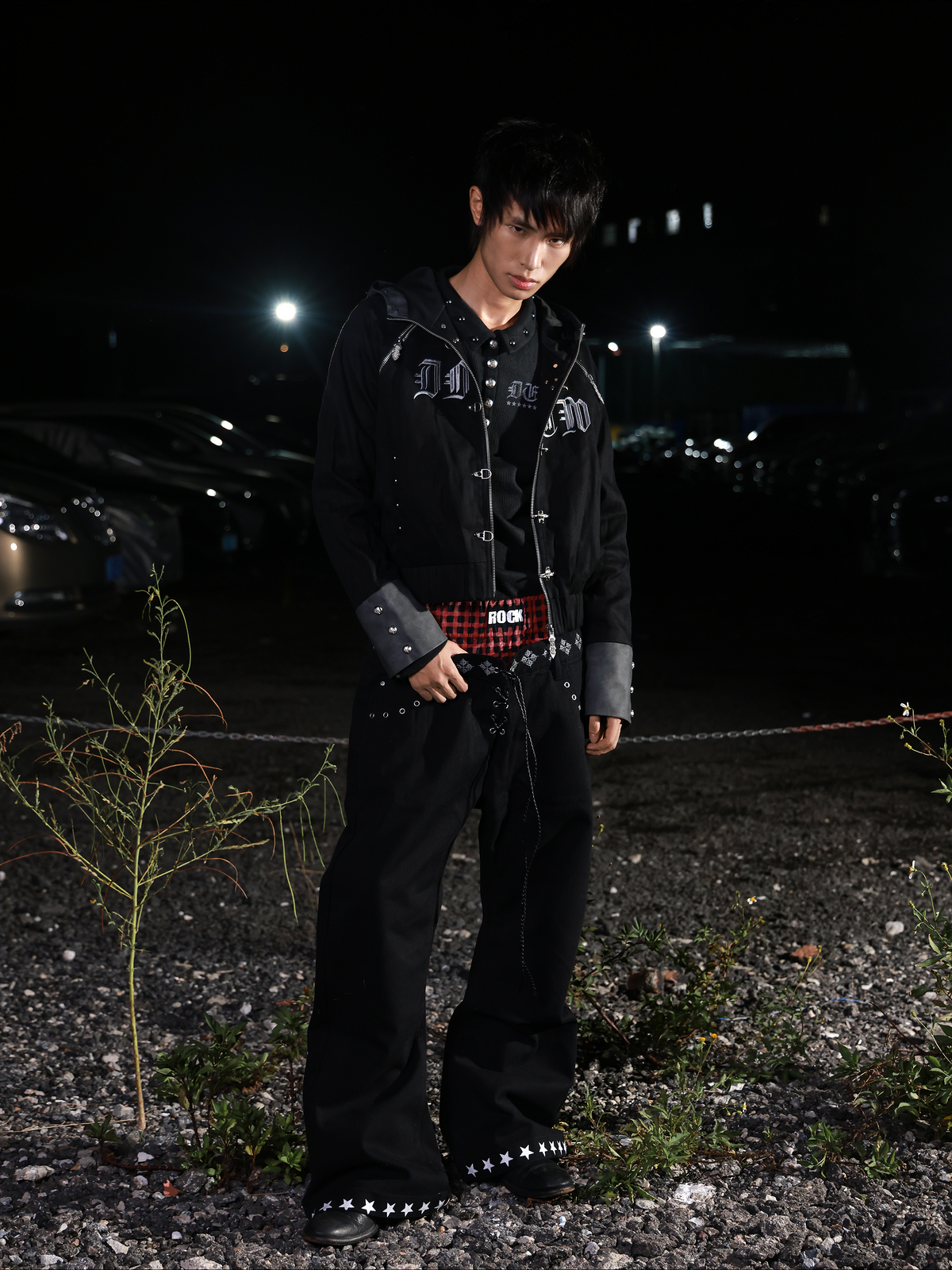 ZIPPERED HOODED JACKET WITH RIVETS