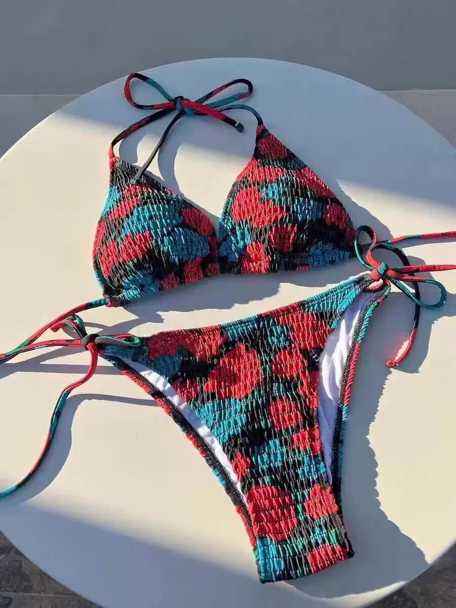 FLORAL PRINT PLEATED BIKINI SET