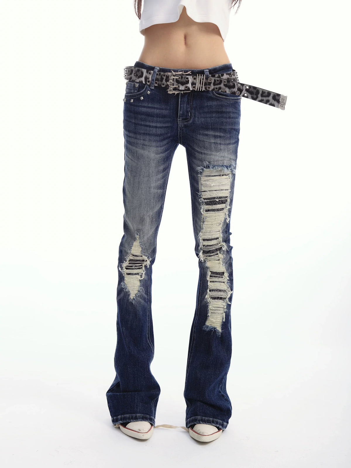 BLUE DESTROYED FLARE PANTS