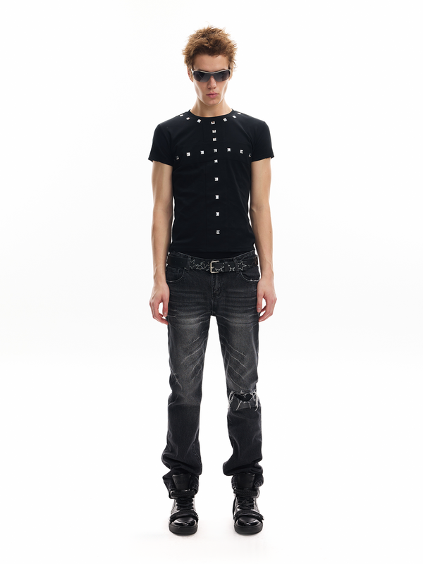 BLACK SLIM FIT RHINESTONE TEE
